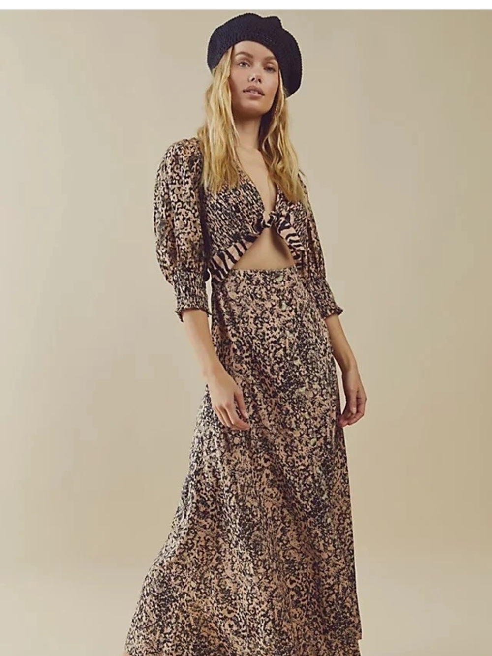 Free People Black and Cream Floral Cutout Tie Maxi Dress